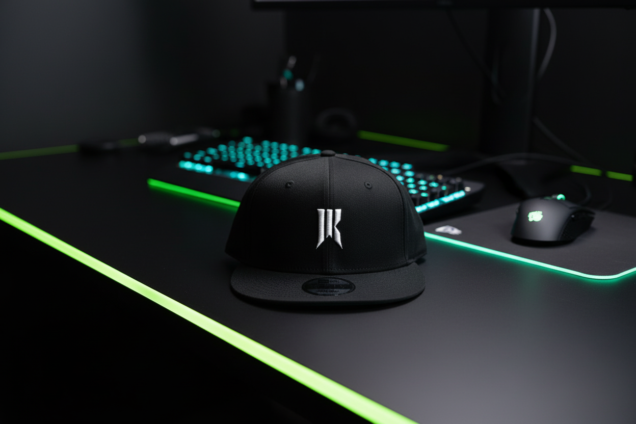 Black Rebellion x New Era snapback hat with white embroidered logo, resting on a gaming desk with RGB keyboard and mouse.