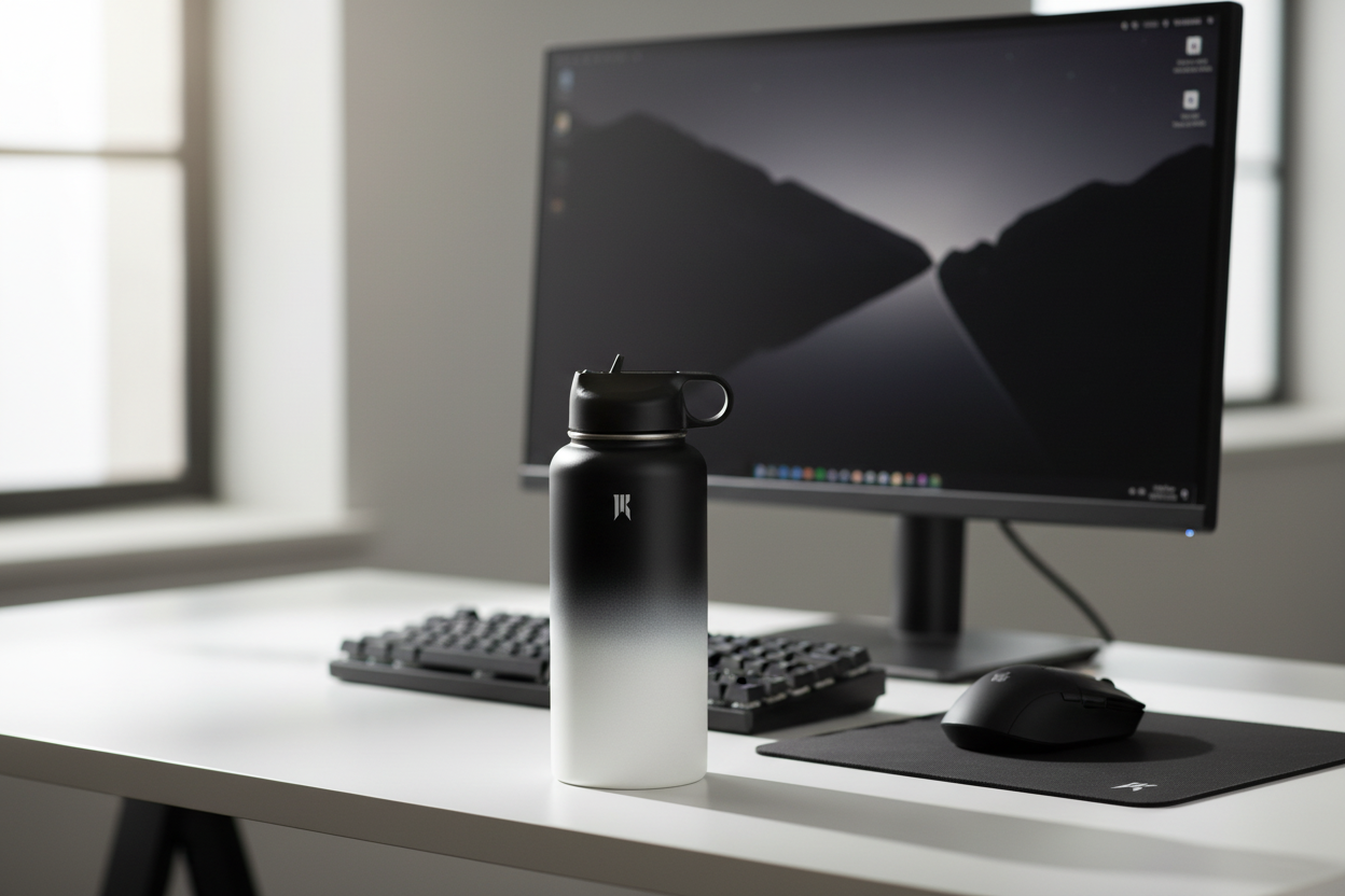 Black and white water bottle on a desk with a computer monitor and keyboard in the background