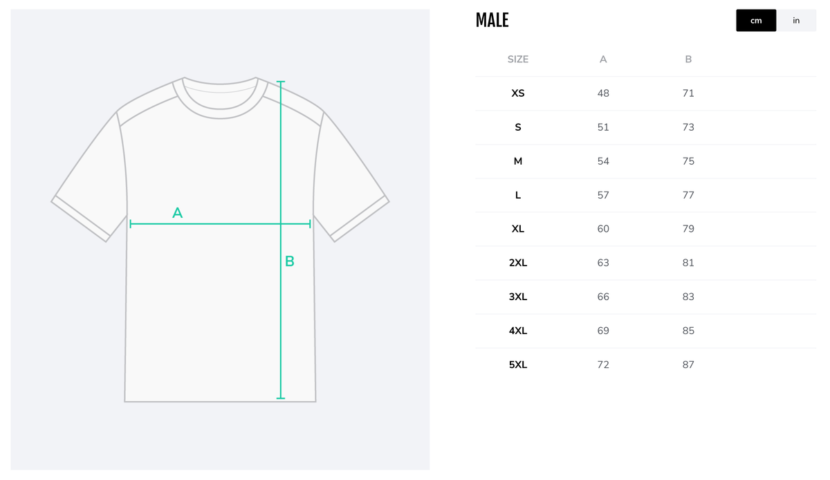 Size chart for the Customizable 2026 Shopify Rebellion Jersey Male fit, listing XS through 5XL with chest and length in cm.